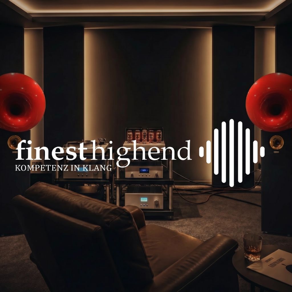 High-End Hörraum von finesthighend aus Dortmund mit markanten roten Lautsprechern und edlem Branding
