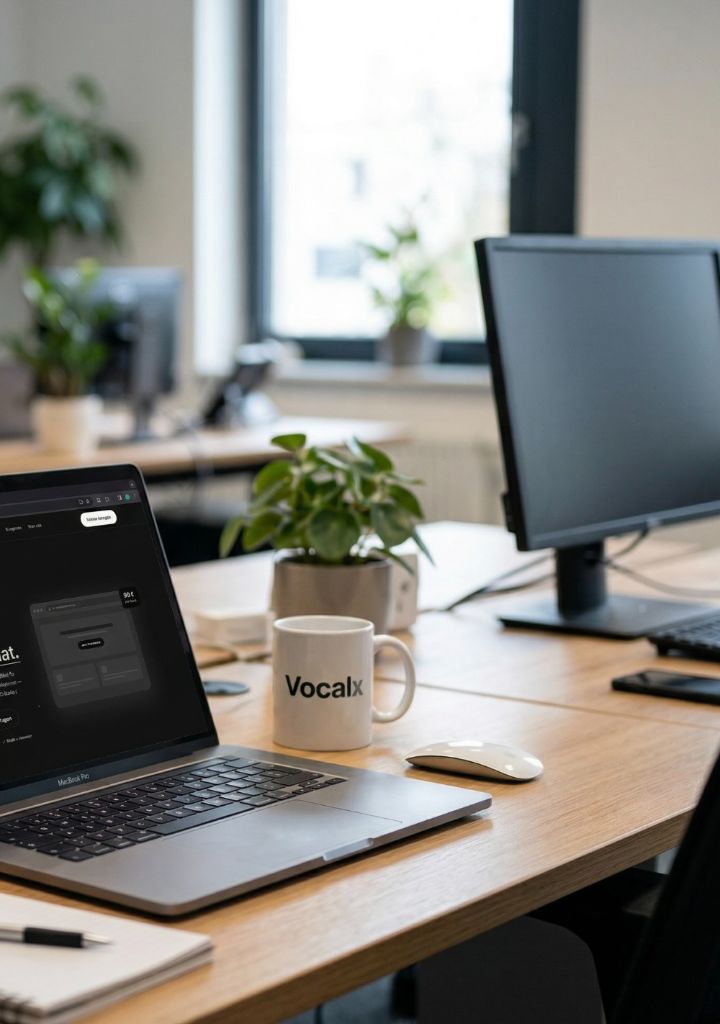 Arbeitsplatz von Vocalx mit Laptop, Monitor und Tasse im Büro