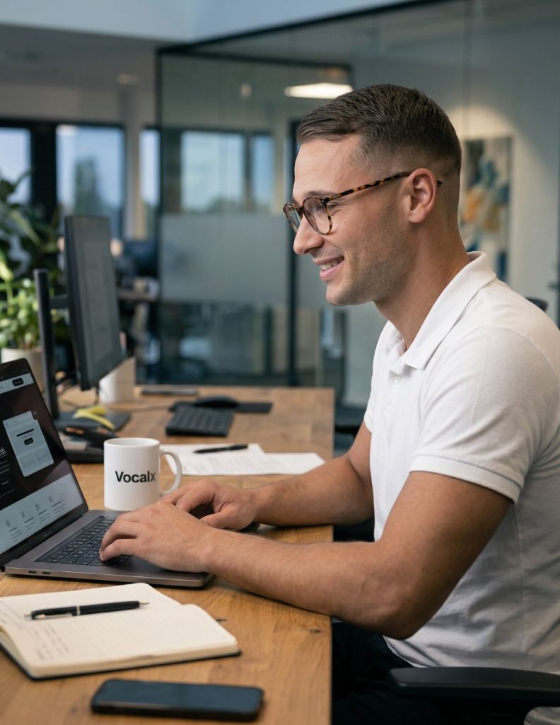 Dean Aaron Budde arbeitet im Vocalx Büro am Laptop